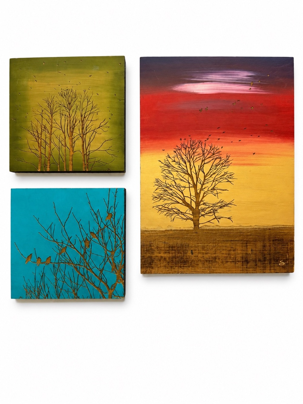 Framed Triptych Nature Print Set - Tree & Bird Landscape Canvas on Wood